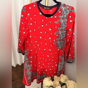 Zara Red Paisley-Print Tunic with Black Trim